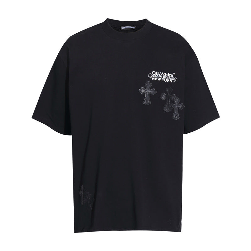 CHH Chrome Heart T Shirts Cross Color Leather Printed Short Sleeve T-Shirt Loose
